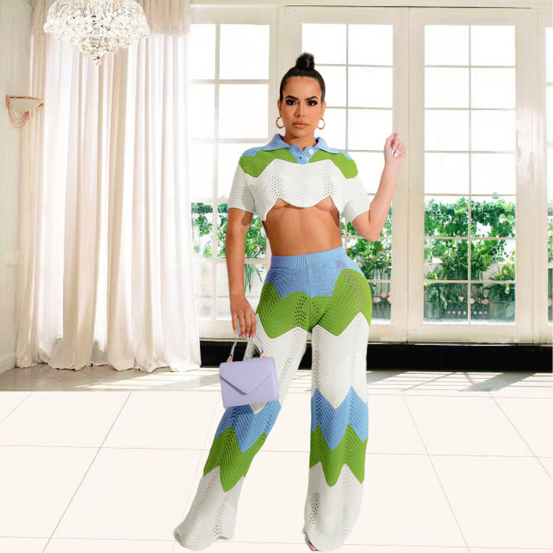 Damen Set aus gehäkeltem Crop-Top und weitem Palazzo-Hosen WW