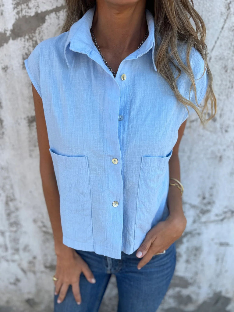 Damen Kurzarm Bluse mit zwei praktischen Taschen und klassischem Kragen WW