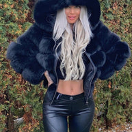 Damen Sportliche Kunstpelzjacke mit Kapuze WW