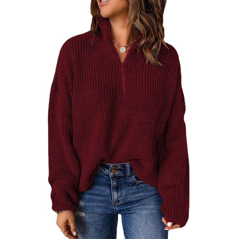 Damen Grober Strickpullover mit Stehkragen und Reißverschluss WW