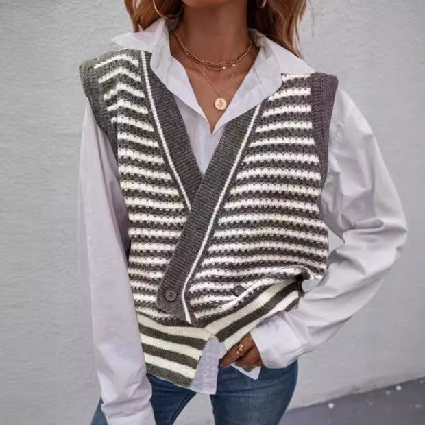 Damen Strickweste mit modischem Streifenmuster und doppeltem Knopfverschluss WW