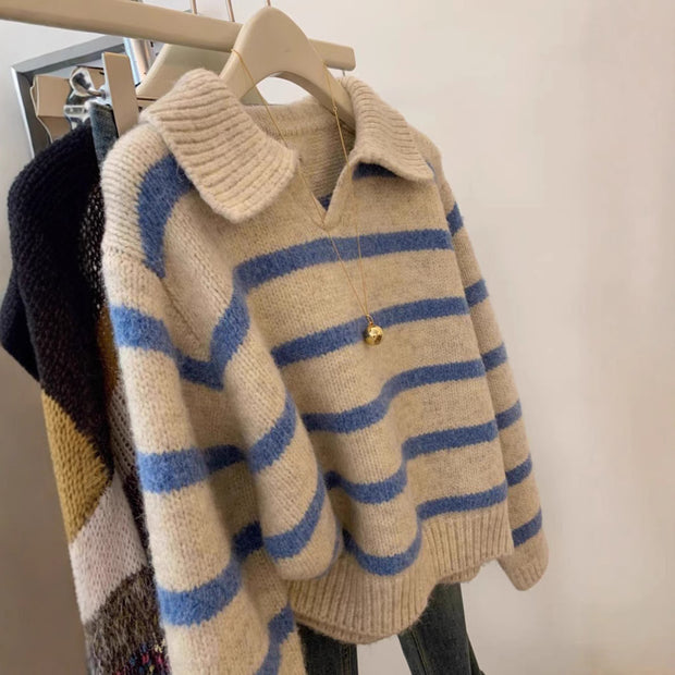 Damen Strickpullover mit V-Ausschnitt und strukturiertem Streifenmuster WW