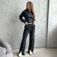 Damen Sportliches Freizeit-Set mit cropped Jacke und weiter Hose WW