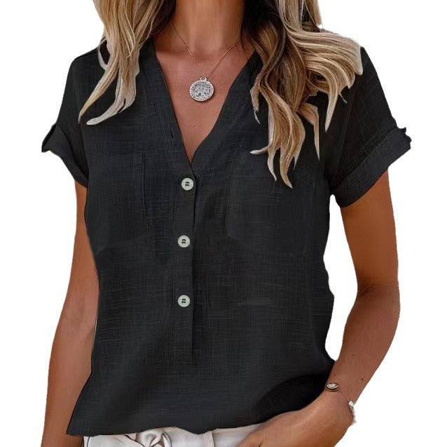 Damen Kurzarm Bluse mit Knopfleiste und Brusttaschen WW