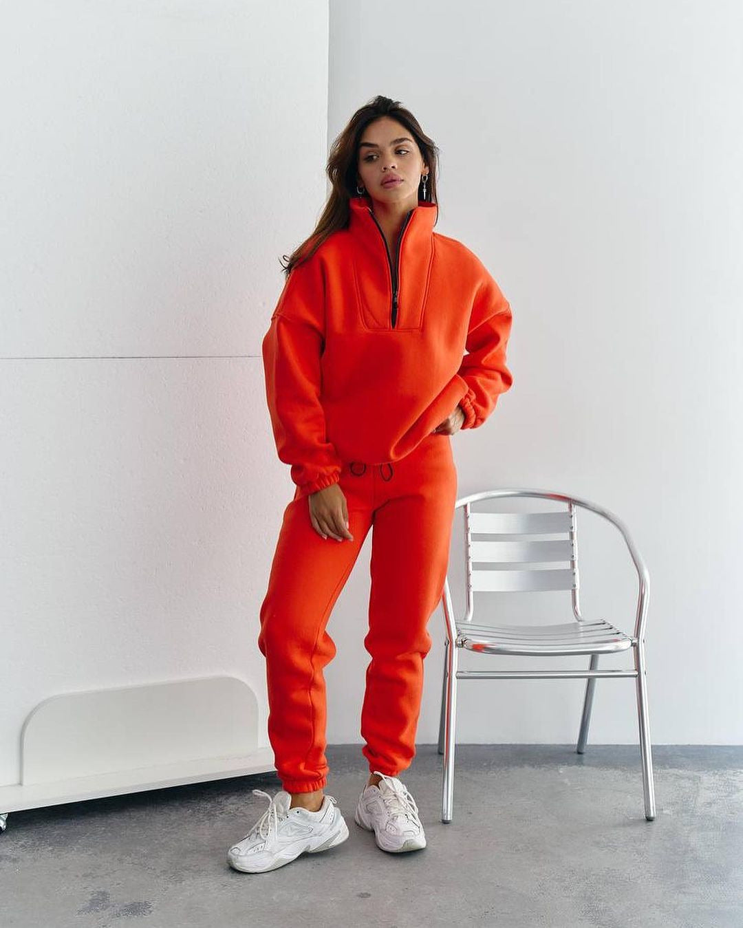 Damen Sportlicher Fleece-Traininganzug mit halbem Reißverschluss und elastischen Bündchen WW