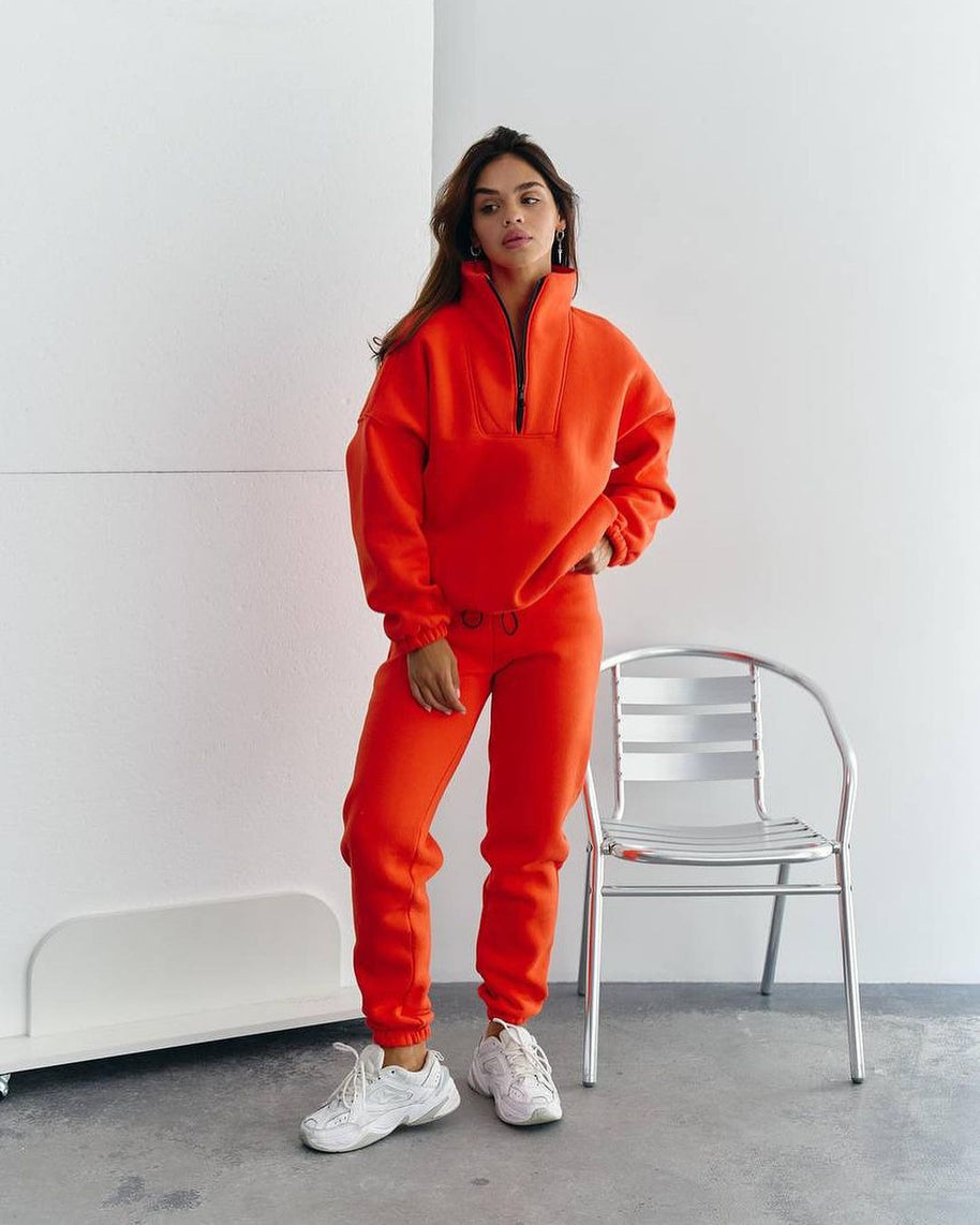 Damen Sportlicher Fleece-Traininganzug mit halbem Reißverschluss und elastischen Bündchen WW