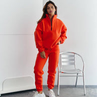 Damen Sportlicher Fleece-Traininganzug mit halbem Reißverschluss und elastischen Bündchen WW