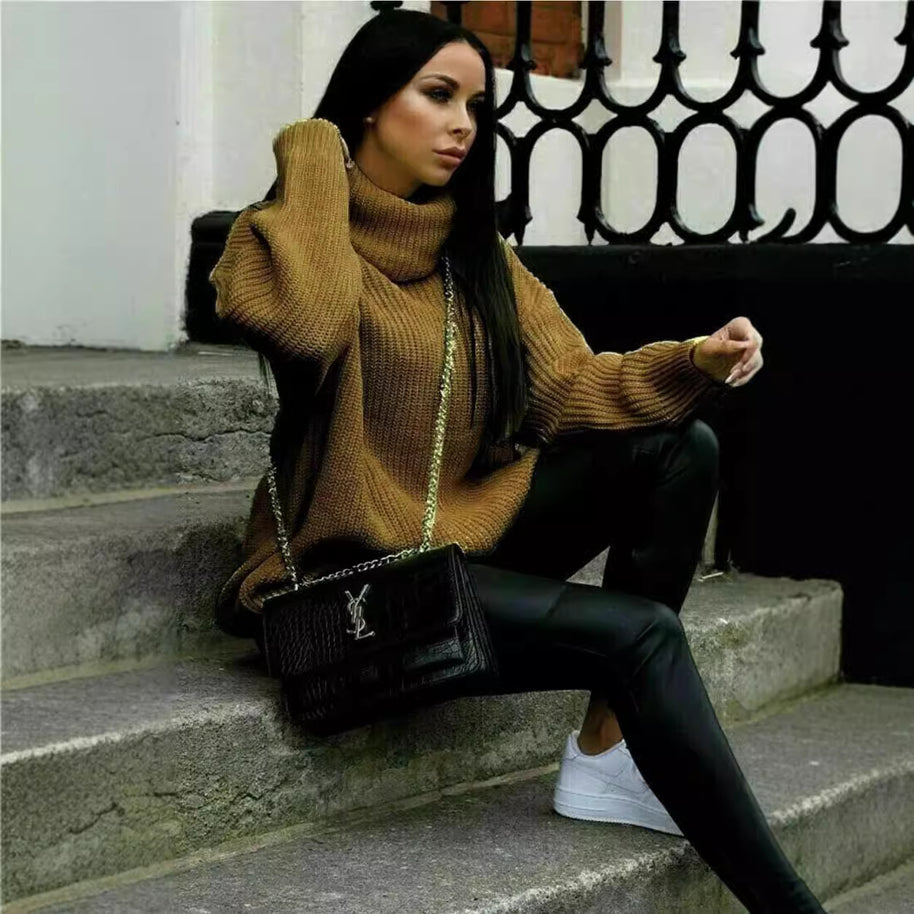 Damen Oversized Pulli mit hohem Kragen und Struktur WW