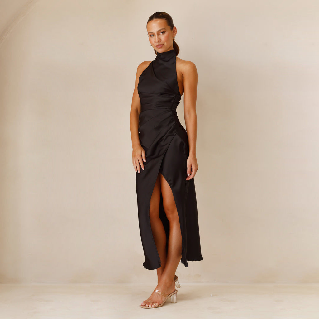 Damen elegantes Maxikleid mit trägerlosem Design und hohem Schlitz W&W Mode