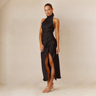 Damen elegantes Maxikleid mit trägerlosem Design und hohem Schlitz WW
