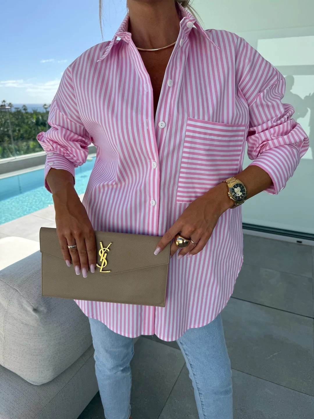 Damen Streifenbluse im lässigen Oversized-Stil mit Brusttasche WW