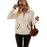 Damen Bequemer Hoher Kragen Fleece Pullover mit Reißverschlussklappe WW