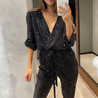 Damen Glamouröser Jumpsuit mit funkelnden Pailletten und elegantem tiefen V-Ausschnitt WW
