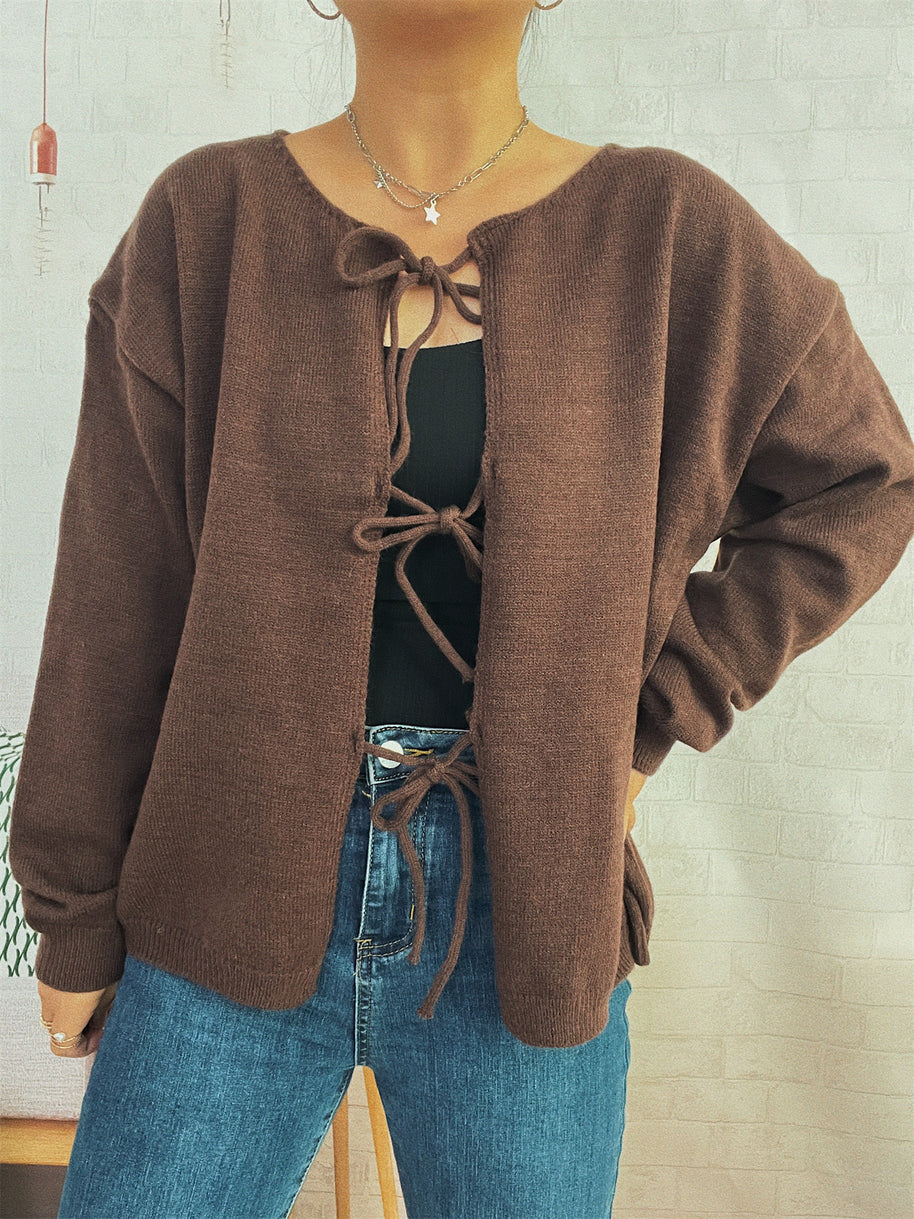 Damen Strickjacke mit dekorativem Schnürdesign und weitem Schnitt WW