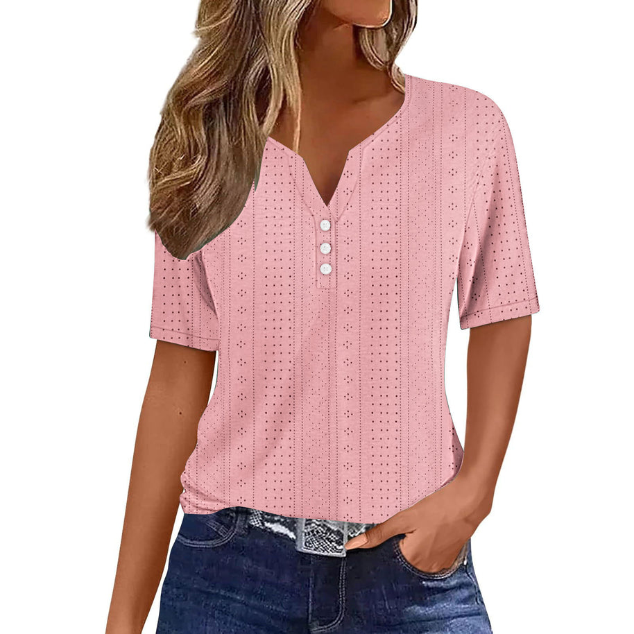 Damen kurzärmeliges T-Shirt mit Knopfdetails und eingewebtem Muster WW