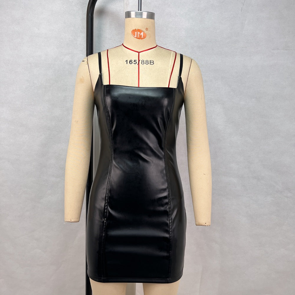 WW | Sexy Sling Kleid Frauen Kleidung Sommer Schlank Hüftkleid Faux Leder