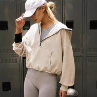 Damen sportlicher Kapuzenpullover mit halbem Reißverschluss und funktionalen Taschen WW