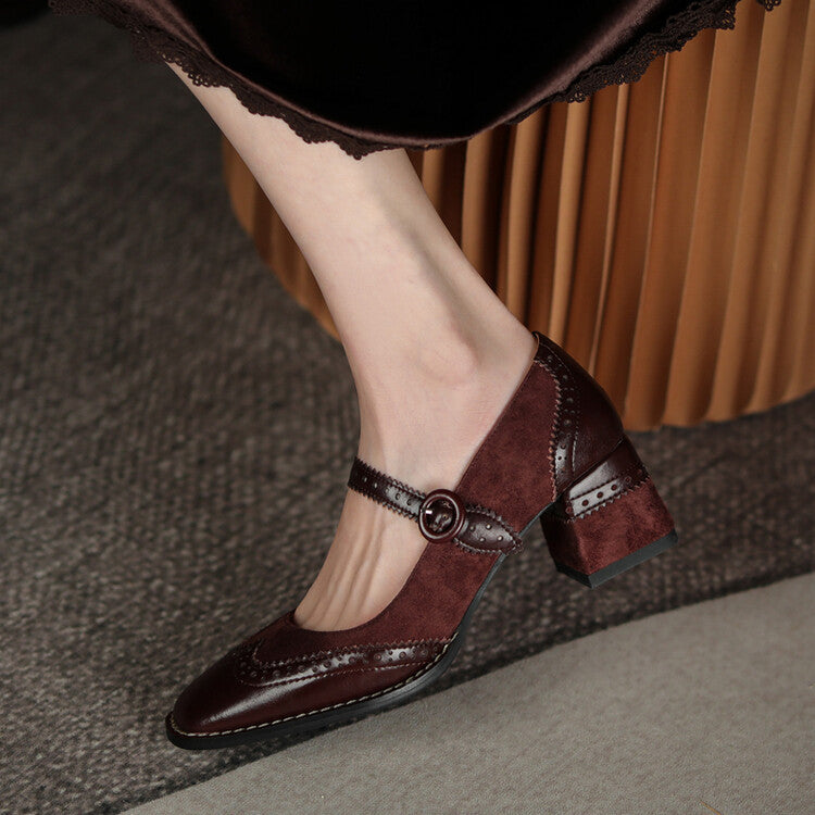 WW | Square Toe Chunky Heel Vintage Gravur Mary Jane Schuhe Frauen