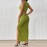 Damen Set aus Crop-Top und Maxirock mit raffinierten Rüschen und seitlichem Schlitz WW