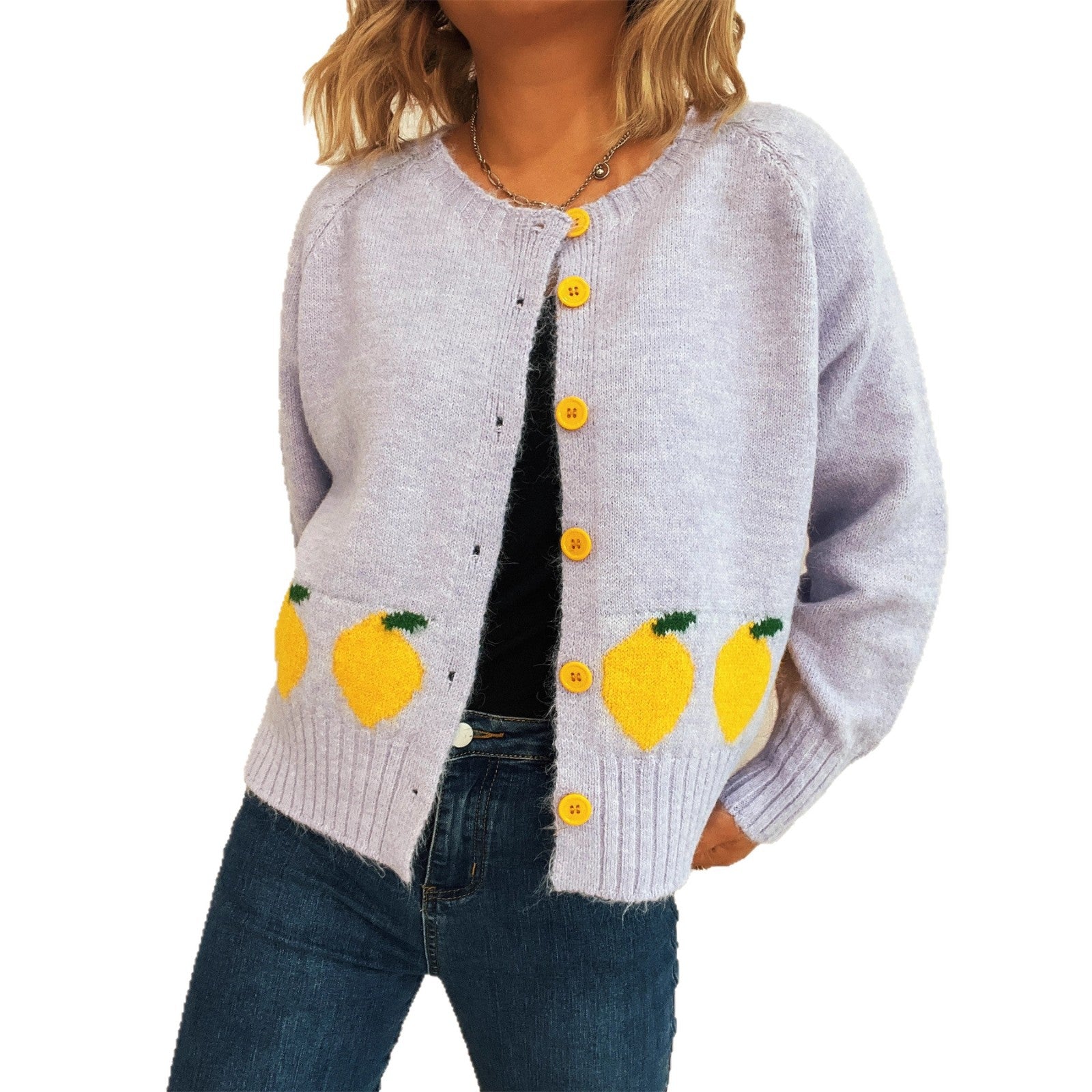 Damen Strickjacke mit fruchtigem Motiv und Knopfdetails WW