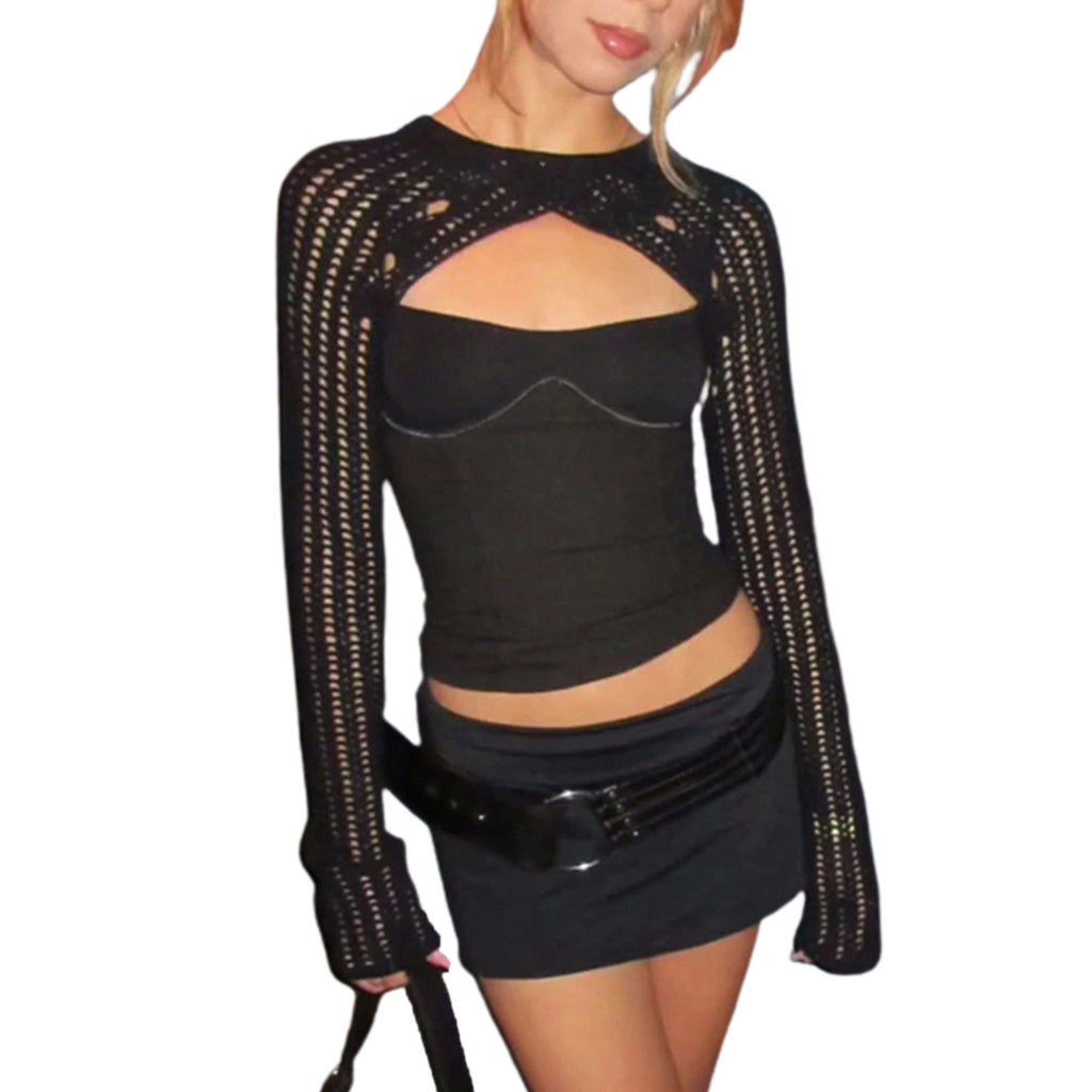 Damen Netzoberteil mit modischem Cut-Out-Design und langen Ärmeln WW