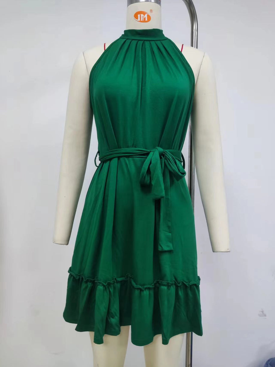 Damen elegantes ärmelloses Kleid mit geschlossenen Rüschen und Taillengürtel WW