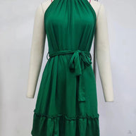 Damen elegantes ärmelloses Kleid mit geschlossenen Rüschen und Taillengürtel WW