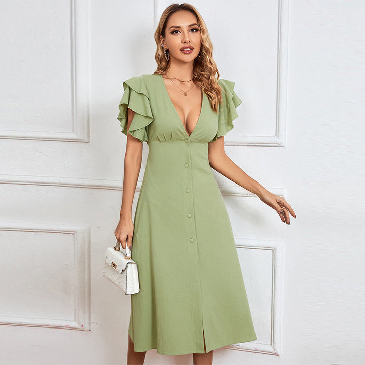 Damen Midikleid mit voluminösen Rüschendetails und tiefem V-Ausschnitt W&W Mode