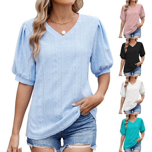 Damen Bluse mit eleganten Puffärmeln und feinem Lochmuster WW