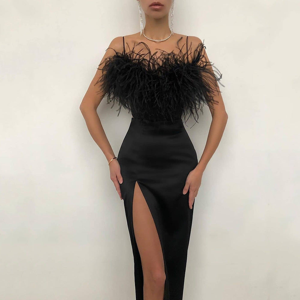 Damen Abendkleid mit feiner Federapplikation W&W Mode