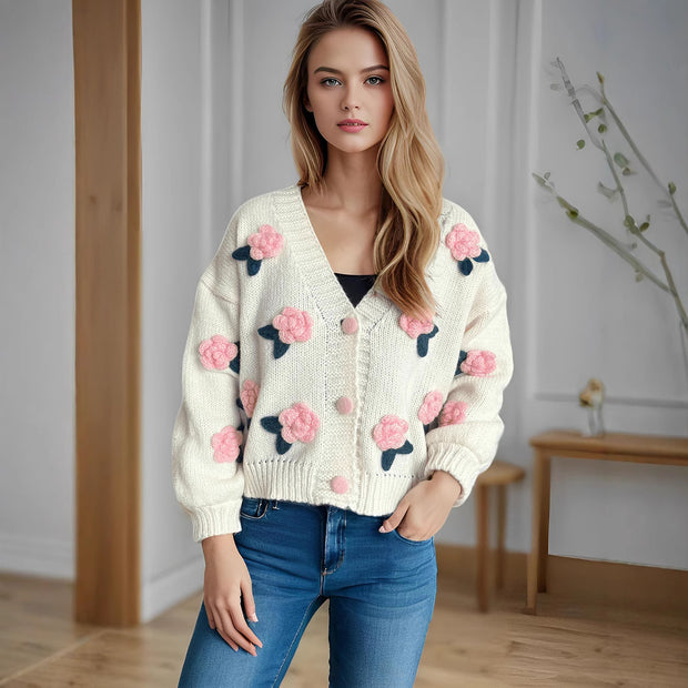 Damen Strickjacke mit floralen Applikationen und knöpfbarem Design WW
