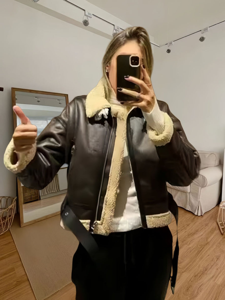 Damen robuste und stylische Lederjacke mit Innenfutter WW