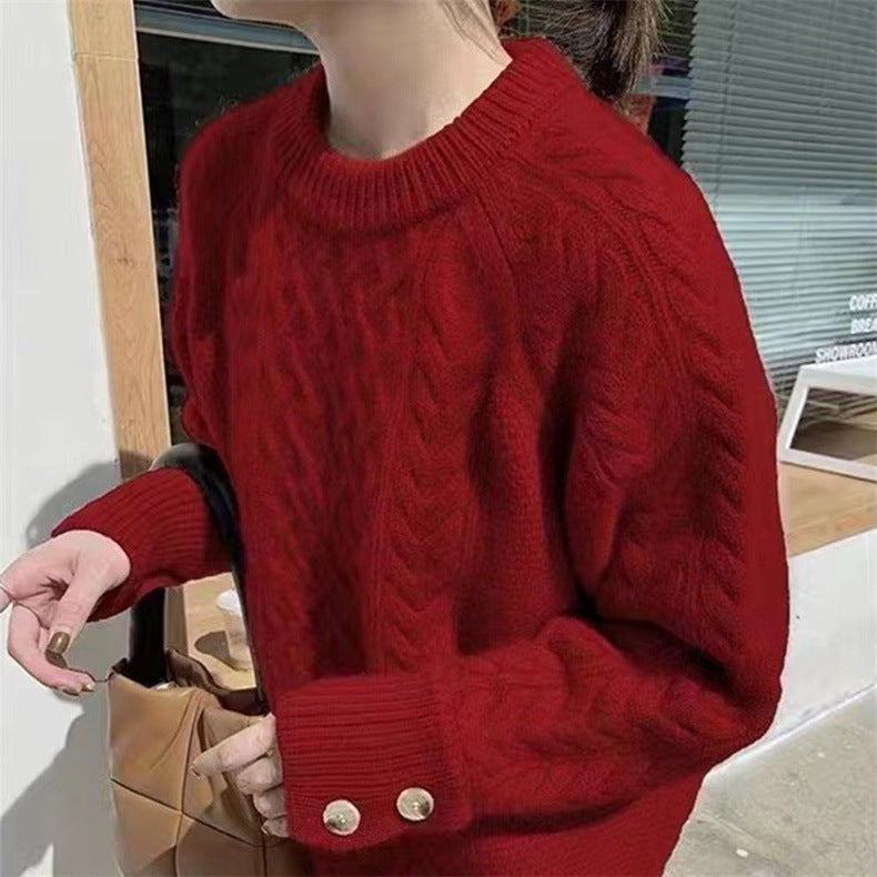 WOLFF Retro Twist Dicke Manschette Knopf Pullover Sweater