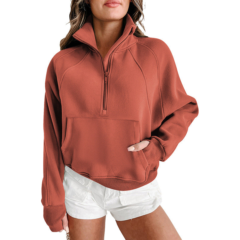 Damen lässiger Pullover mit halbem Reißverschluss und praktischen Taschen WW
