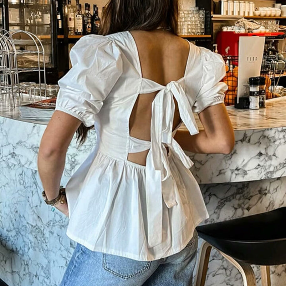 Damen bezaubernde Bluse mit Knoten-Detail und Puffärmeln WW