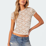 Damen Spitze Oberteil mit figurbetonter Passform und kurzen Ärmeln WW