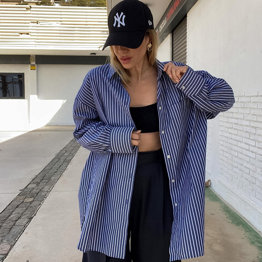 Damen Oversized Hemdbluse mit modernen Streifen und lässigem Schnitt WW