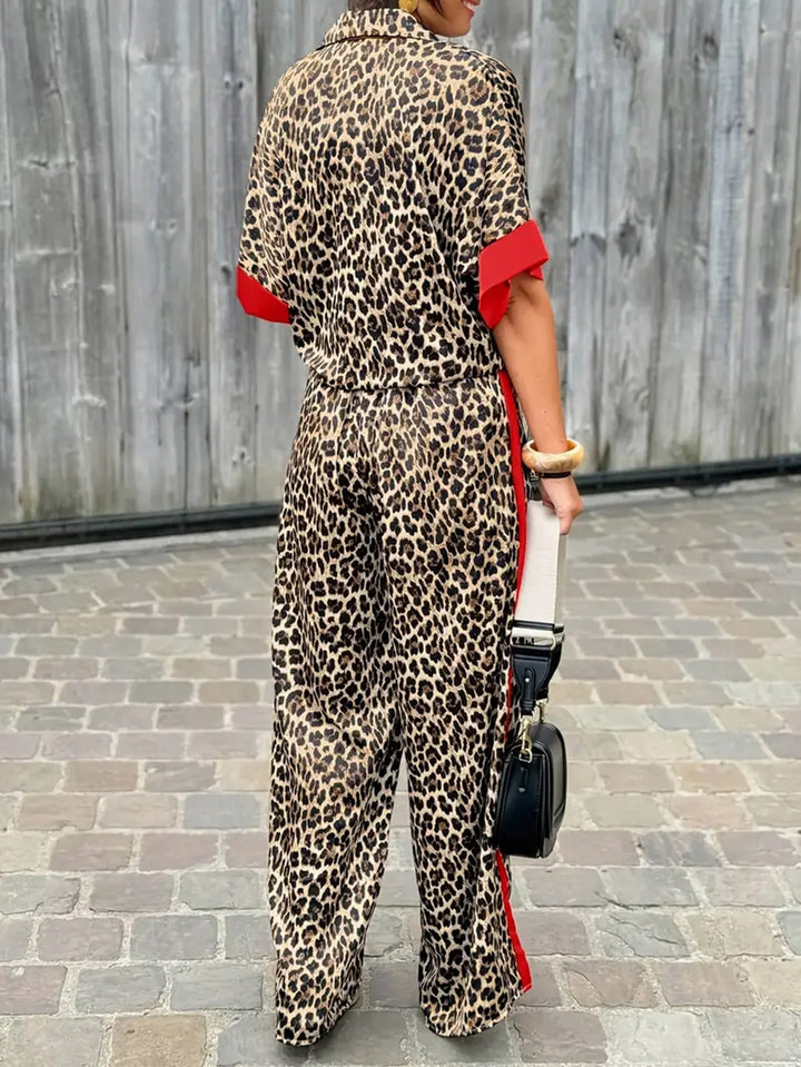 Damen elegante und bequeme Leinen-Jumpsuit mit Leopardenmuster und Kontraststreifen W&W Mode