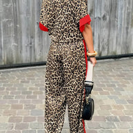 Damen elegante und bequeme Leinen-Jumpsuit mit Leopardenmuster und Kontraststreifen WW