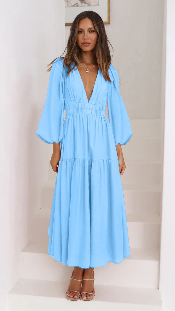 Damen Maxikleid mit tiefem V-Ausschnitt und weit ausgestellten Ärmeln W&W Mode