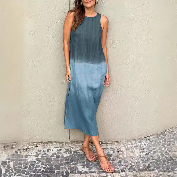 W&W Mode | Baumwolle Leinen Ärmelloses Schlitz Gradient Kleid
