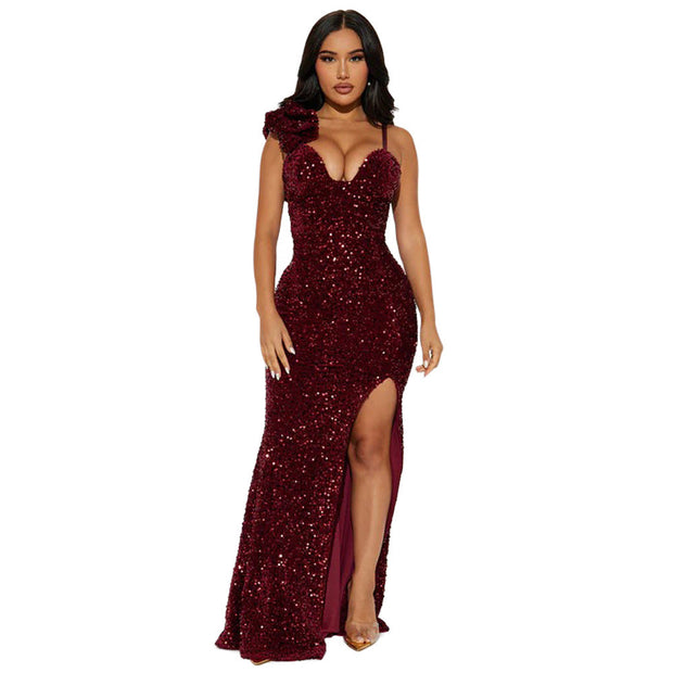 WW | Frauen Tragen Einfarbig Sexy Träger Paillett Maxi Kleid Schlitz Abendkleid