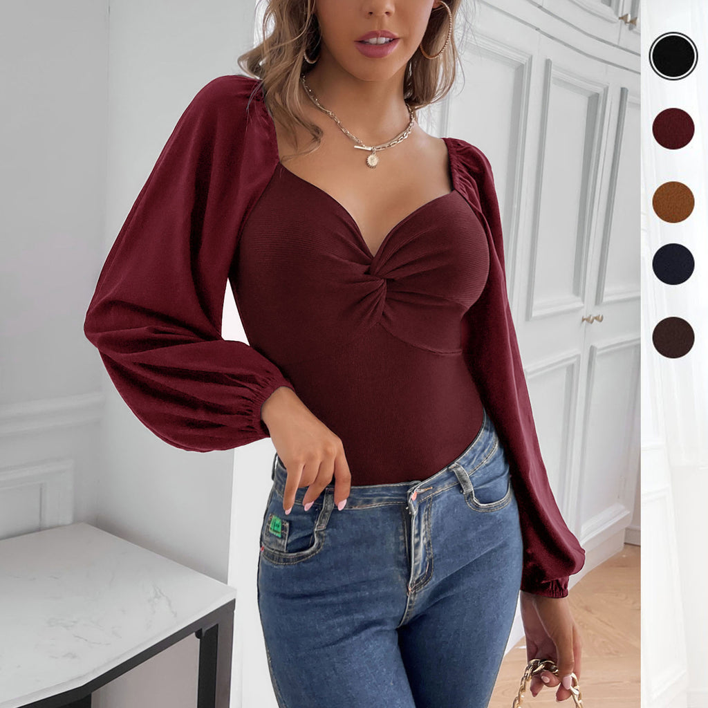 Damen Body mit eleganten Puffärmeln und dekorativem Knoten WW