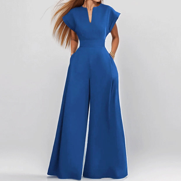 Damen Eleganter Jumpsuit mit weitem Bein und Schalkragen WW