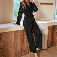 Damen Eleganter Jumpsuit mit taillierbarem Gürtel und transparenter Ärmeloptik WW