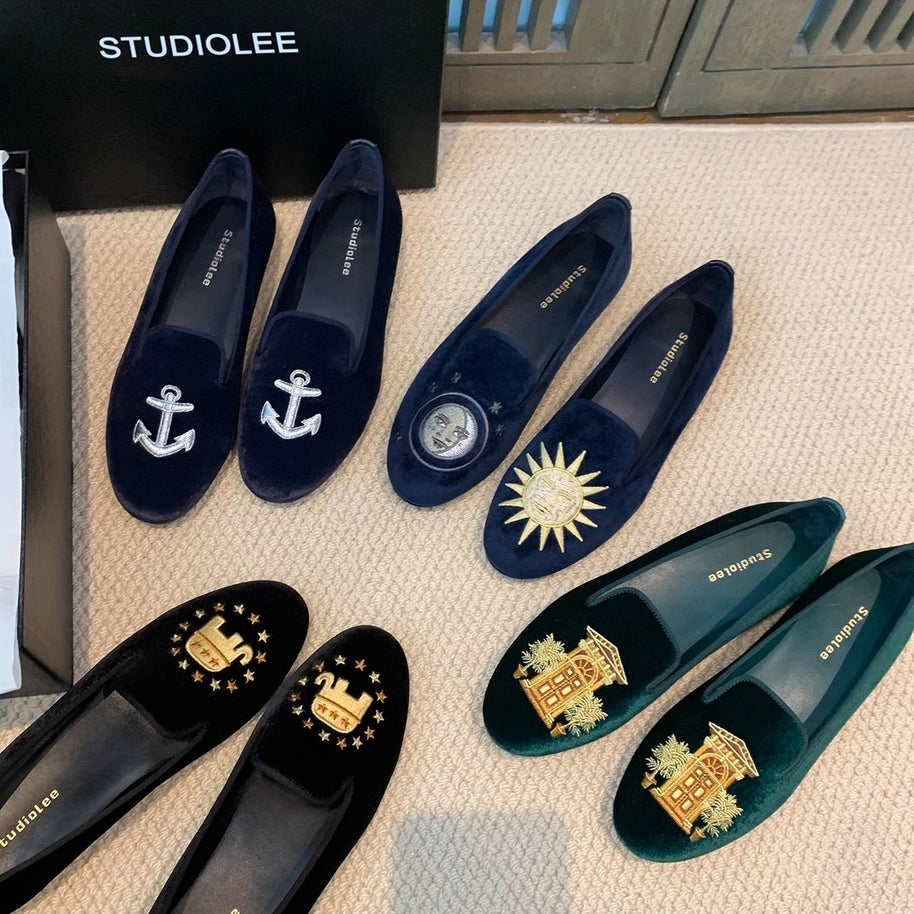 Damen bestickte Samt Slipper WW