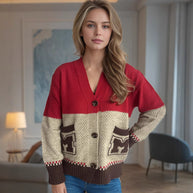 Damen Strickjacke mit dekorativen Taschen und modernem Farbblockdesign WW