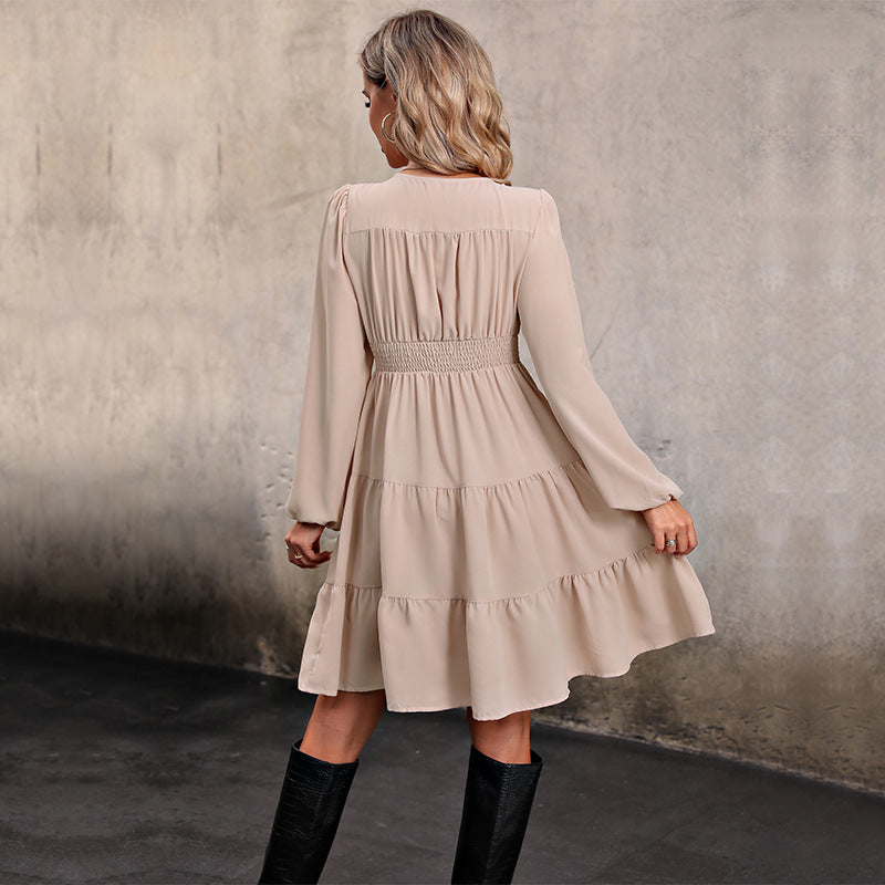 Damen knielanges Hemdkleid mit elegantem V-Ausschnitt und Rüschensaum WW