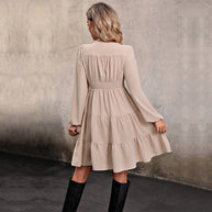 Damen knielanges Hemdkleid mit elegantem V-Ausschnitt und Rüschensaum WW