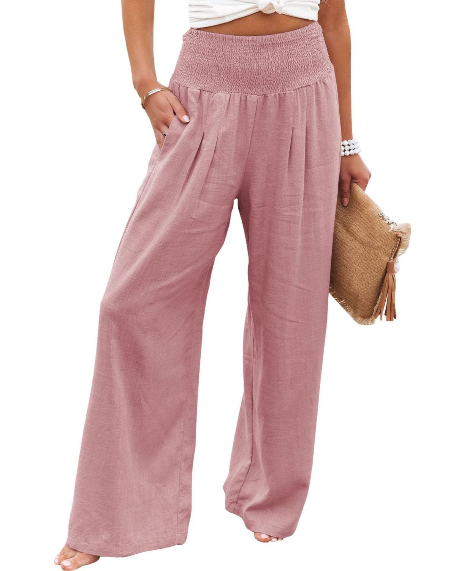 Damen Weite Leinenhose mit elastischem Bund und Falten WW